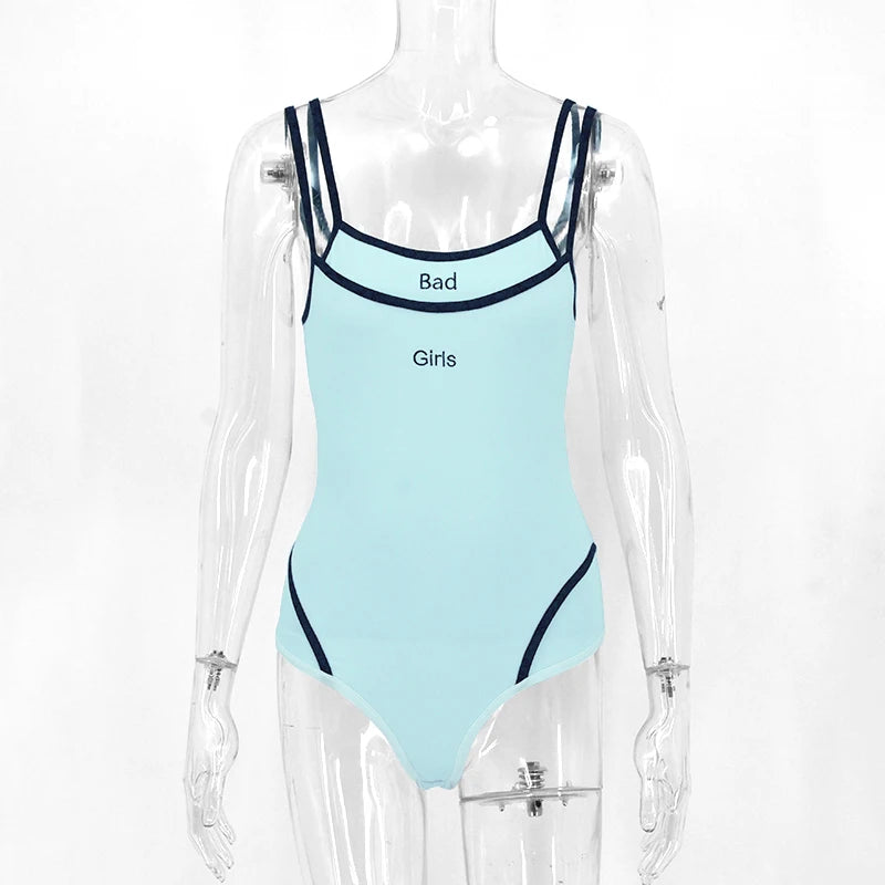 Women Sports Bodysuits Solid Summer Sexy Sling Sleeveless Casual Slim Bodysuits Fashion O-Neck Embroidery Letter Skinny Rompers