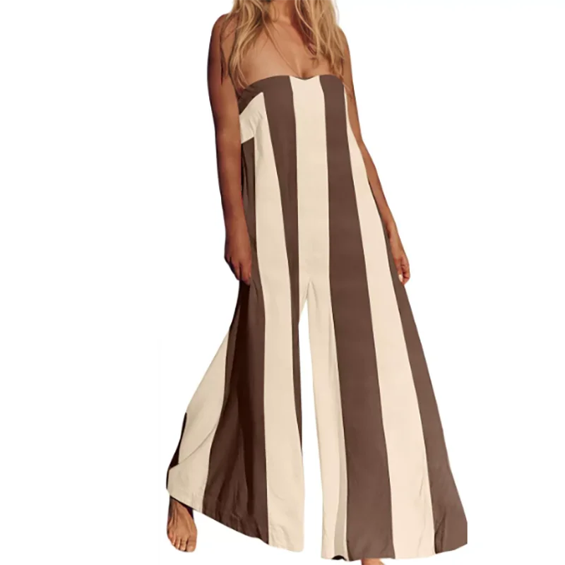 Summer Beach Hollowed Out Backless Long Pants Playsuit Bohemian Commuting Rompers Casual Striped Printed Off Shoulder Jumpsuit