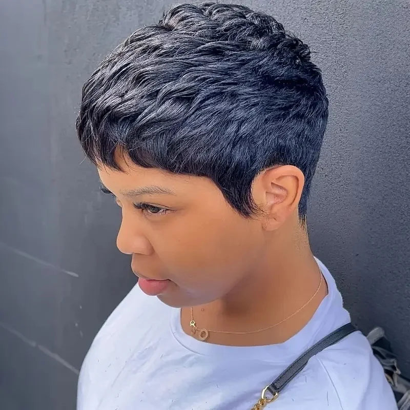 Women's Pixie Cut Wig 6 Inch Brazilian Remy Wavy Human Hair Layered Style Natural Look for full Machine wig