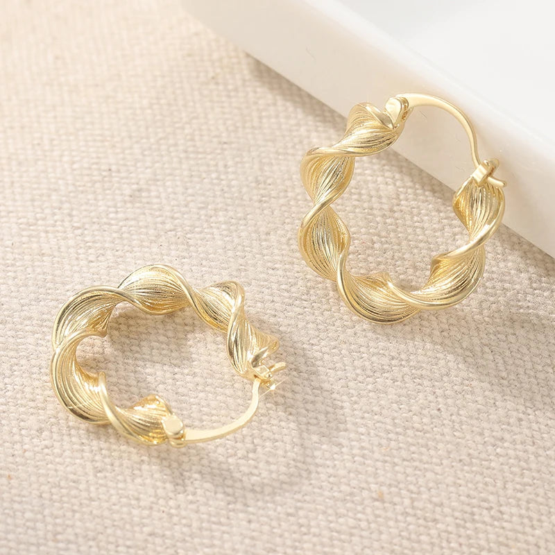 Carved Twisted Gold Tone Hoop Earrings