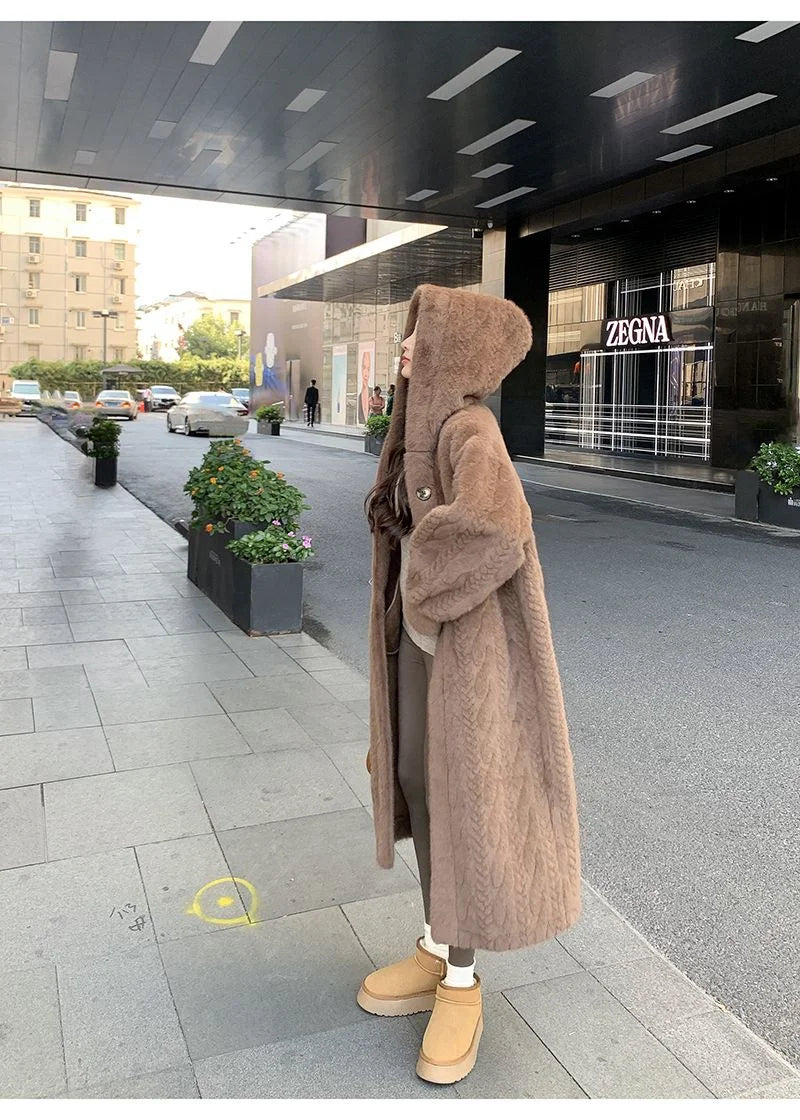  2025 Winter New Thick Women's Long Imitation Mink Plush Cardigan With Integrated Fur Eco-Friendly Hooded Fur Coat Solid Color