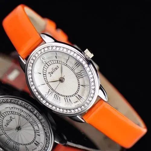 Small Oval Rhinestones Julius Lady Women's Watch Japan Quartz Elegant Fashion Hours Bracelet Leather Girl's Gift Box