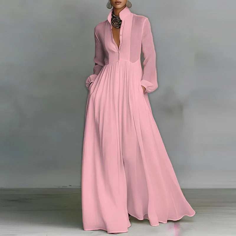Elegant High Waist Pleated Long Sleeve Maxi Dress for Women