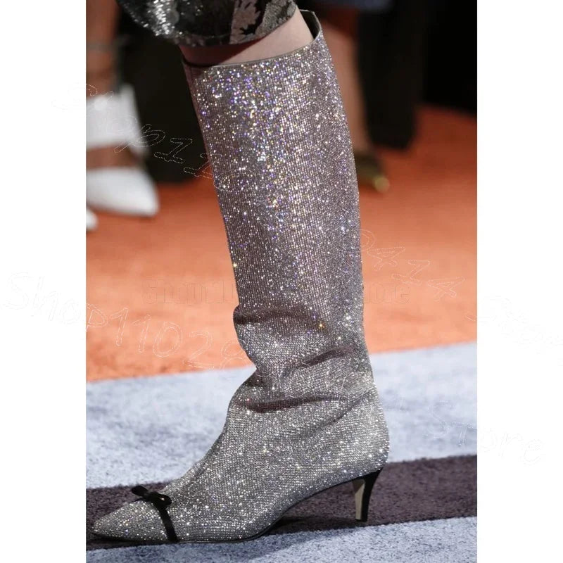 Silver Rhinestone Bow Knot Pointed Toe High Heel Boots For Women