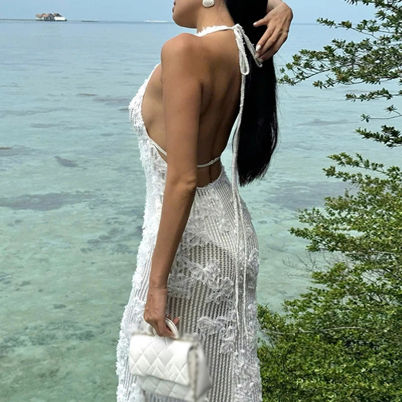 New Sexy Halter Low Cut Jacquard Long Dresses Fashion Summer Backless Knitted Women's Dress Holiday Beach Solid Bikini Cover Up