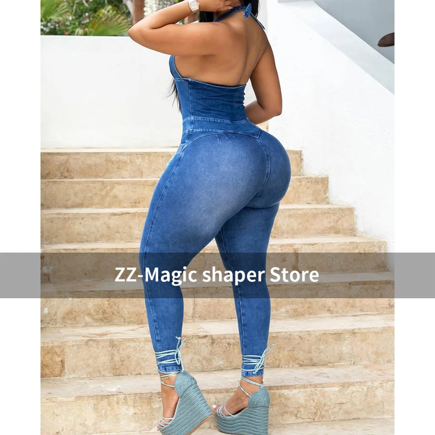 Women's High-Waist Skinny Jeans Vintage Button High Stretch Straight Leg Casual Trousers Backless Slim Fit Hip Lifting Pants