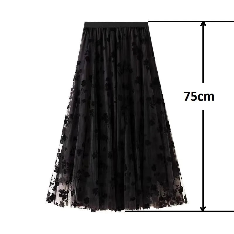 Flocking Floral Pirnted Long Mesh Skirt for Women, High Waist, Max Pleated Tutu, Tulle Skirt, Gauze Skirt, Female, 2025
