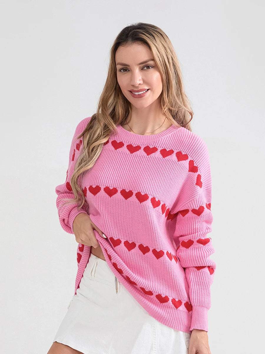 Women Valentine's Day Knit Sweater Heart Print Long Sleeve Round Neck Pullovers Fall Winter Casual Loose Knitted Jumpers Tops