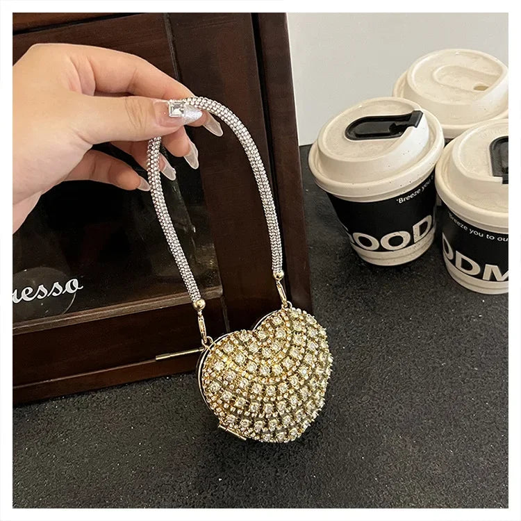 Luxury Mini Diamond Inlay Heart Shape Crystal Clutch Purse Stones Evening Wedding Party Shoulder Bag Handle Rhinestone Handbags