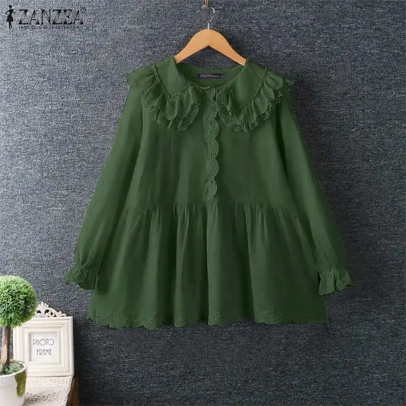 ZANZEA Women Shirts Sweety Doll Collar Tunics Leisure Long Flare Sleeve Button Tops Holiday Lace Crochet Patchwork Solid Blouse