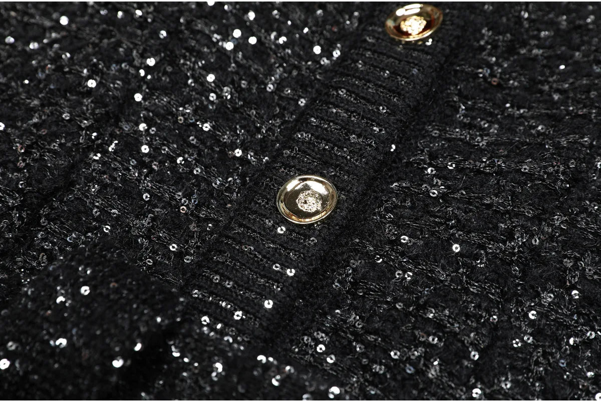 2025 Spring and Autumn New High-end Fashion Long-sleeved Sequined Knitted Cardigan Elegant Commuter V-neck Cardigan Top Jacket