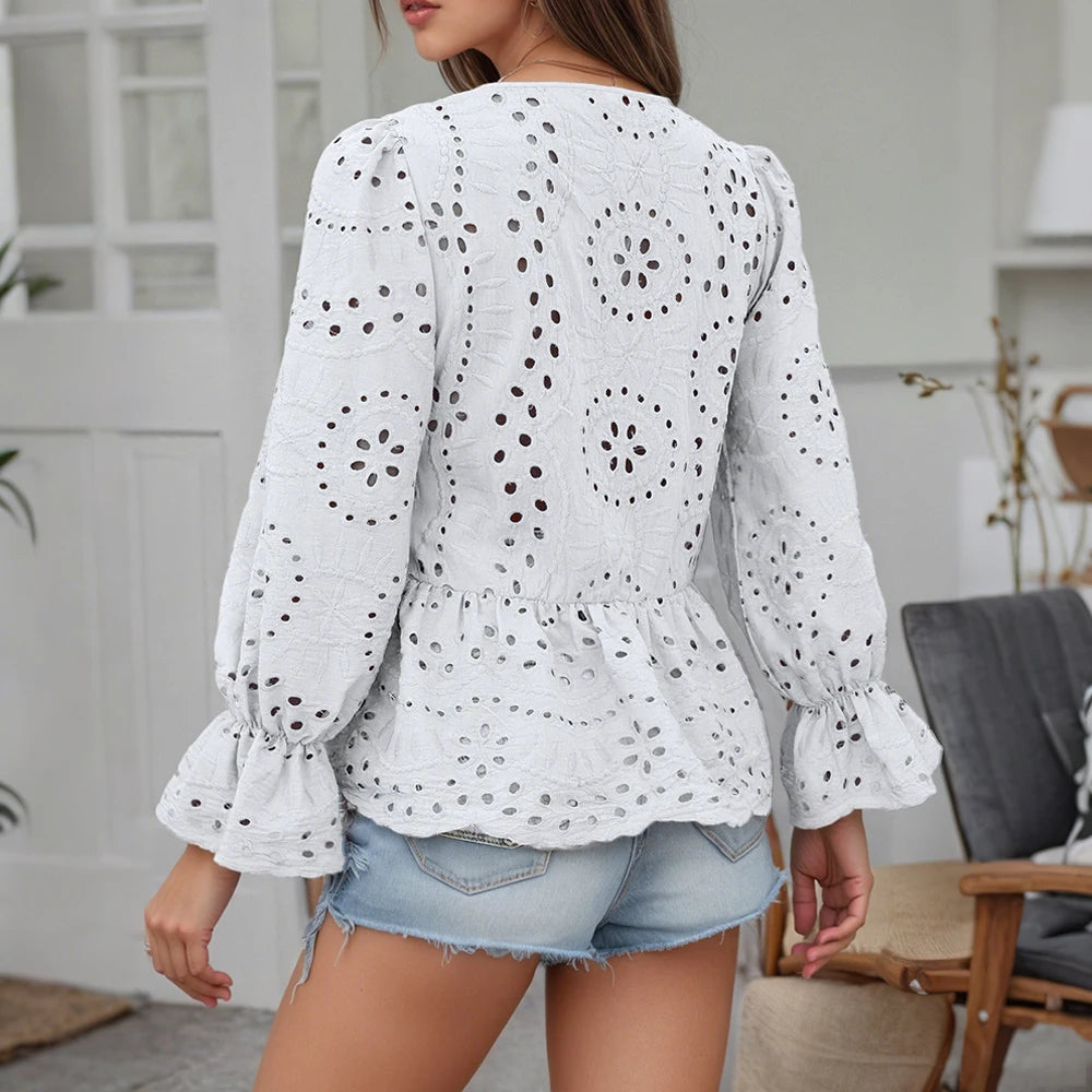 Women's Solid Boho Hollow Out Lace Up Lantern Sleeve Ruffle Blouse Autumn Ladies Casual Loose Holiday Vacation Tops Size S-2XL