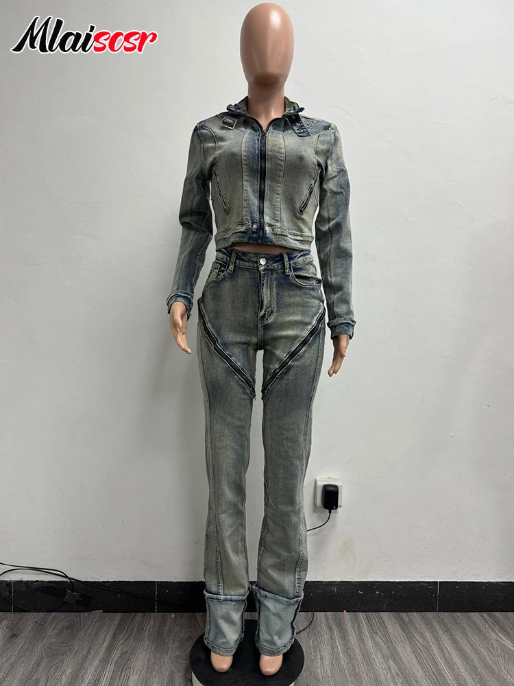 Mlaiscsr Stretch Denim Two Pieces Pants Sets Women Long Sleeve Zipper Short Jacket and Straight Cargo Jeans High Street Outfits