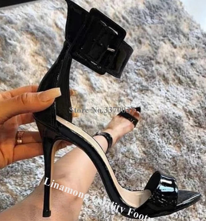 Patent Leather Buckle Strap Sandals With Stiletto Heel For Women