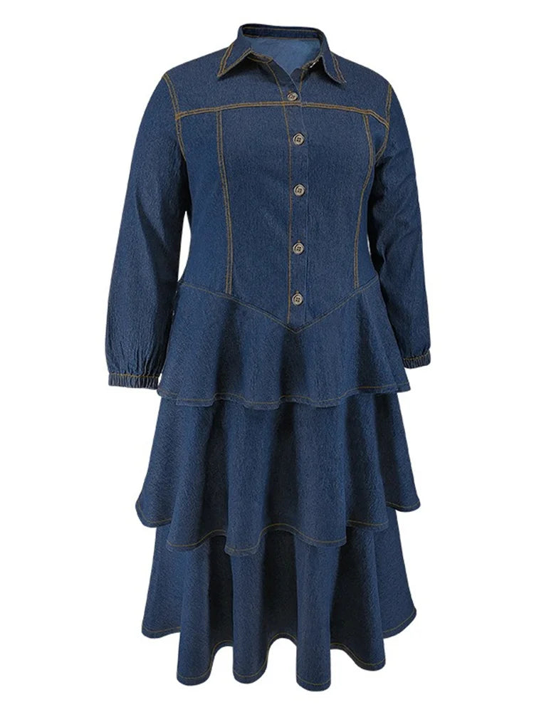 Wmstar Plus Size Denim Dresses for Women Button Solid Fashion Elegant Maxi Long Dress Fall Winter Clothes Wholesale Dropshipping