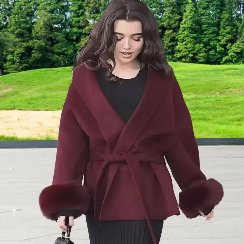 Plush Cuffs Belt Women 's Coats Elegant Lapel Faux Fur Sleeve Twist Open Coat Female 2025 Autumn Winter Fashion Lady Streetwears