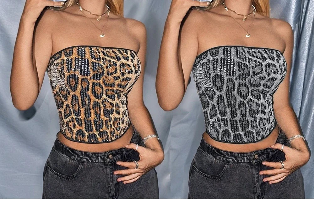 Sleeveless Top for Women Streetwear Slim Fit Type Leopard Print Strapless Sequined Ultra Short Vests Female Summer 2025 New