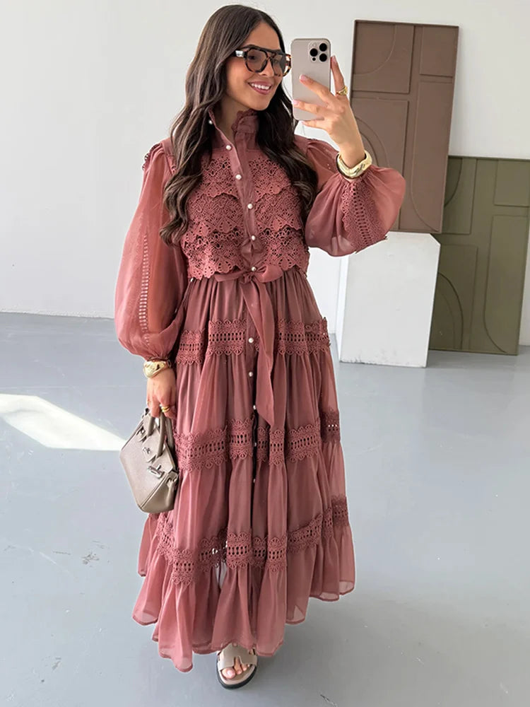 Embroidered maxi Dress Women Lapel Hollow Fashionable Short Sleeve Belt High Waist long Dresses Female Summer Chic robe