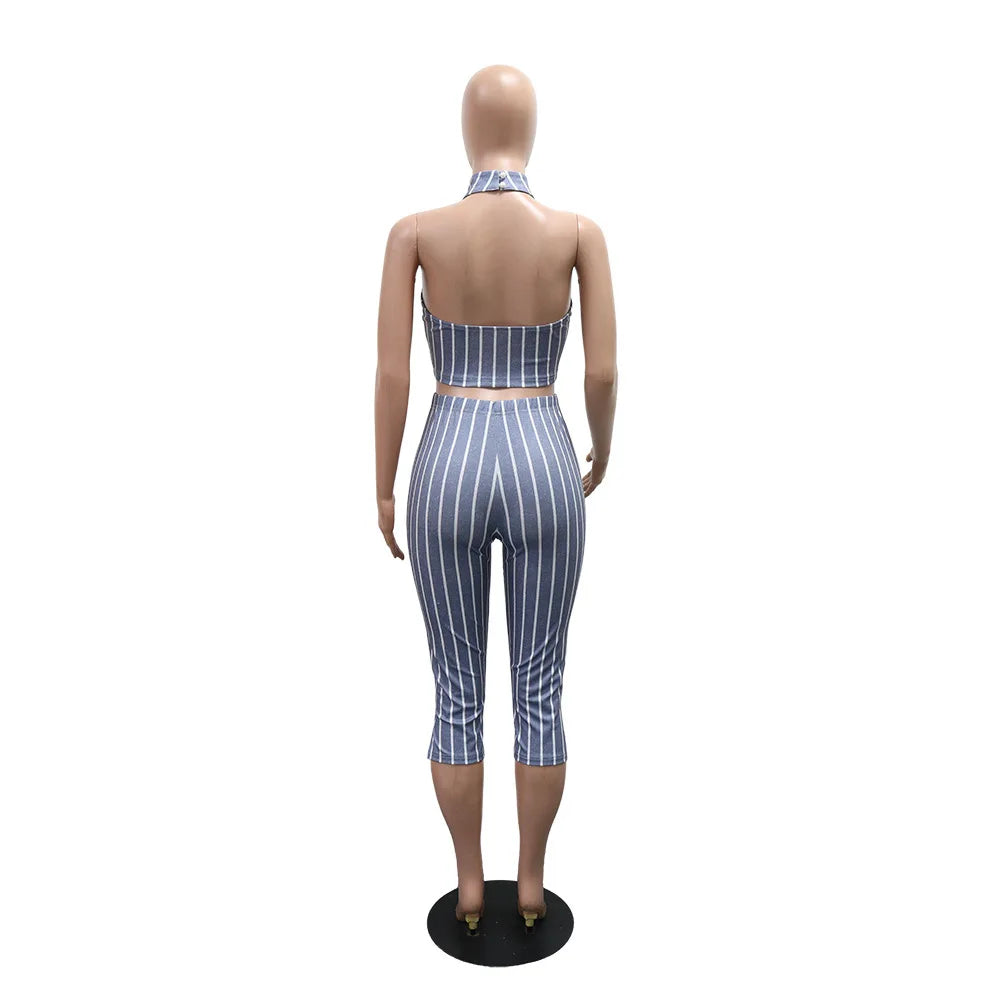CM.YAYA Striped Printed Women's Set Sleeveless Necktie Tops and Leggings Pants 2025 Sexy Party Two 2 Piece Sets Outfit Tracksuit