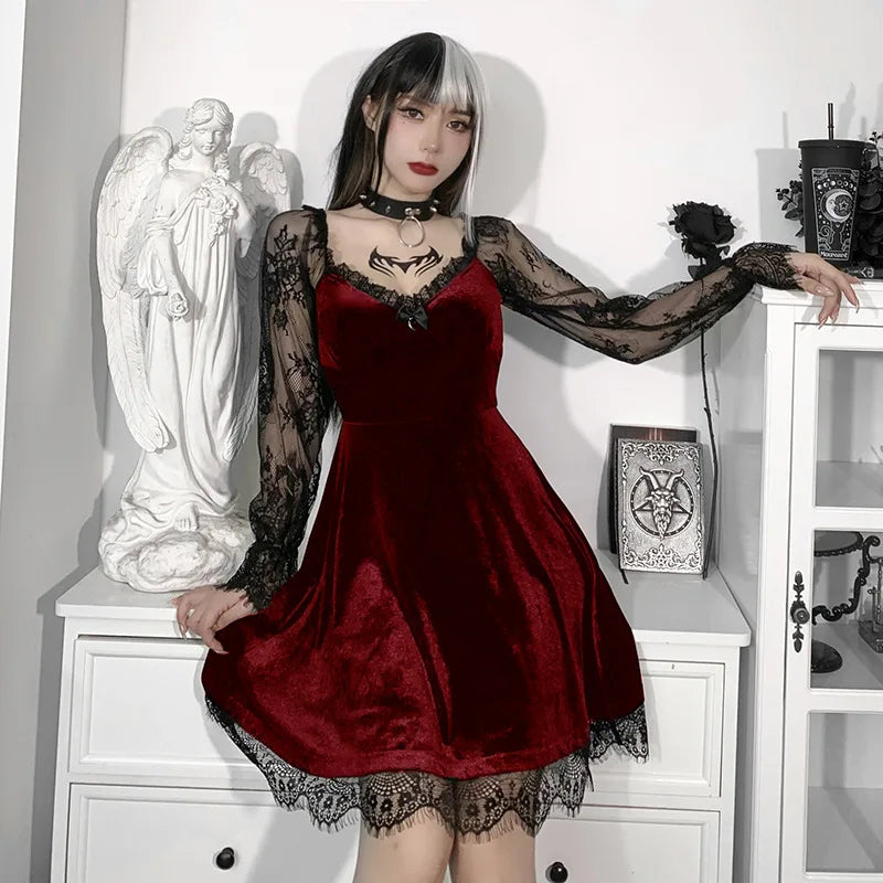 Y2K Hollow Cuffs Strapless Sexy Gothic Lace Dress Dark Style Pleated Knee-length Skirt Women‘s Slim Fit Fashion Women's Clothing