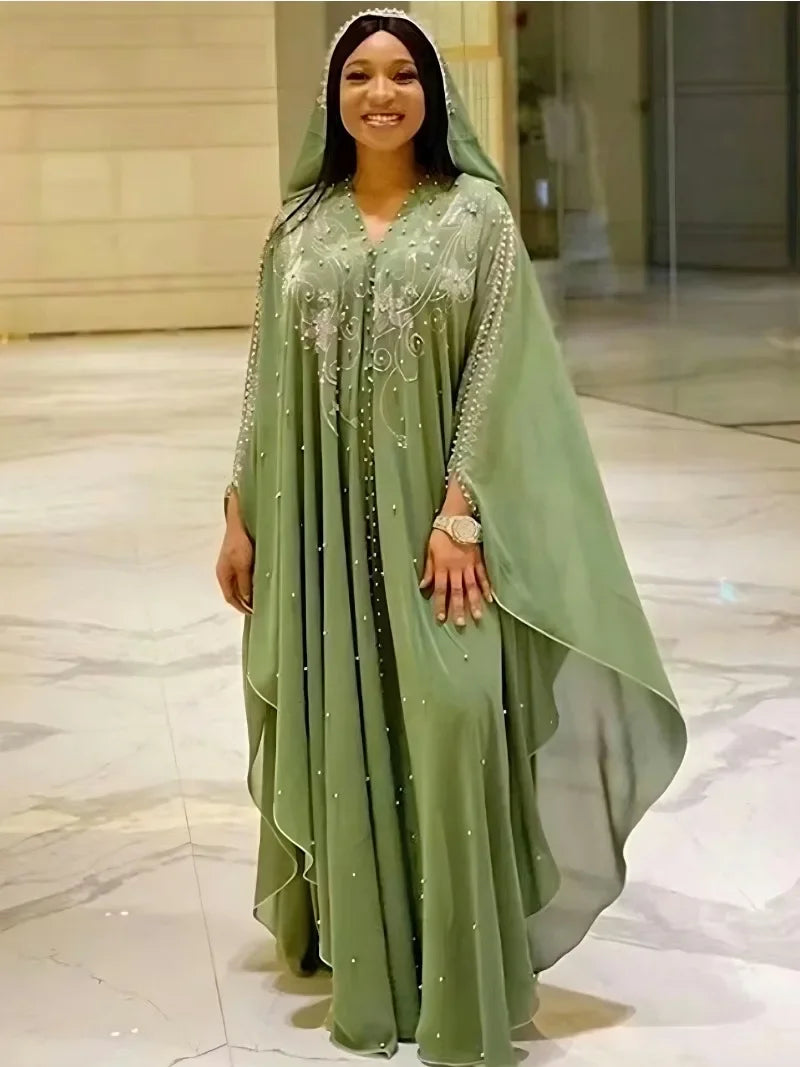 Middle East Africa Hot Muslim Long Robe Vintage Diamond Bead Shoulder Cover Hooded Cloak Dress Bat Sleeve Women's Dress New