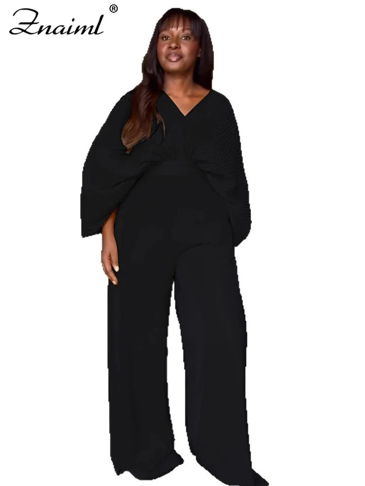 Znaiml Pleated Blouse V Neck Full Sleeve and Wide Leg Pants Women Loose 2 Pieces Sets Elegant Office Ladies African Outfits 2025