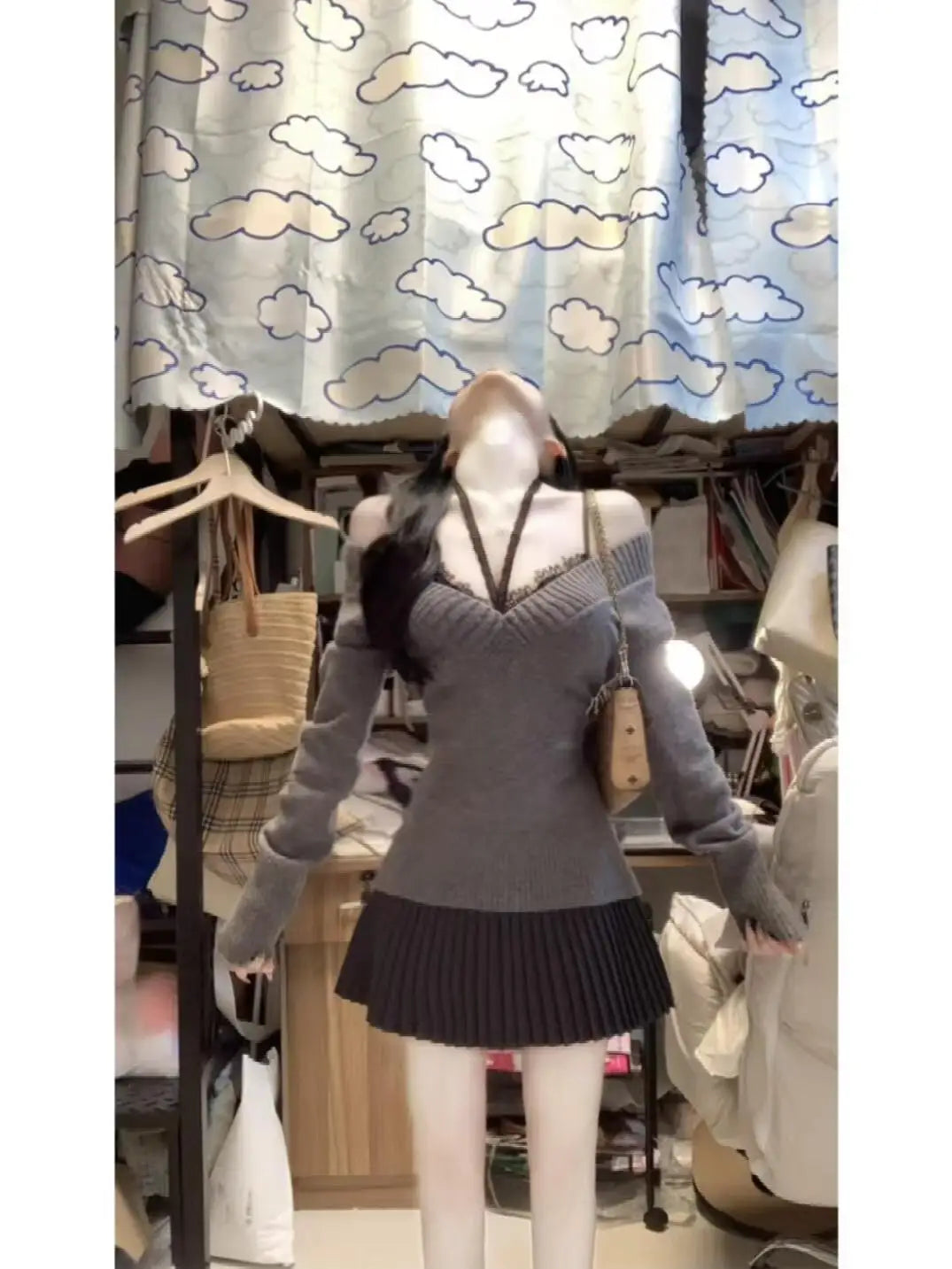 2025 New Spring and Autumn New Chinese Style Chest Show Big and Thin Top V-neck Sweater+Lace Inner+Short Skirt 3-Piece Set