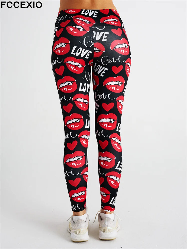 FCCEXIO Hot New Women Leggings Red Lip Love Digital Print Patchwork Fitness Legging Push Up Workout Leggins Pants Sexy Pants