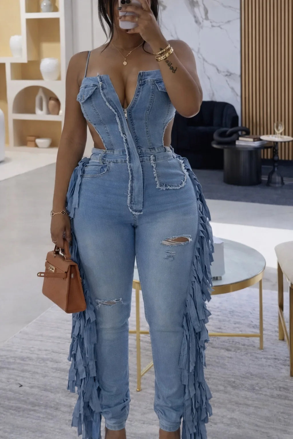 Elegant Strapless Denim Jumpsuit With Tassel Accents For Women