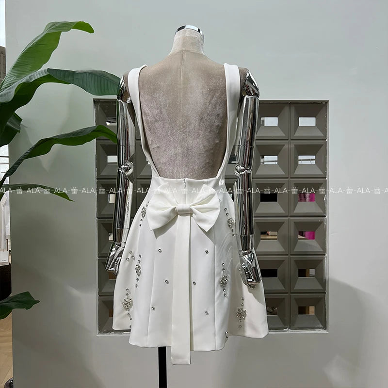 High-end Light Luxury Party Dress 2025 Summer Clothes New Heavy Industry Diamond Square Collar Waist Halter Bow Short Dress