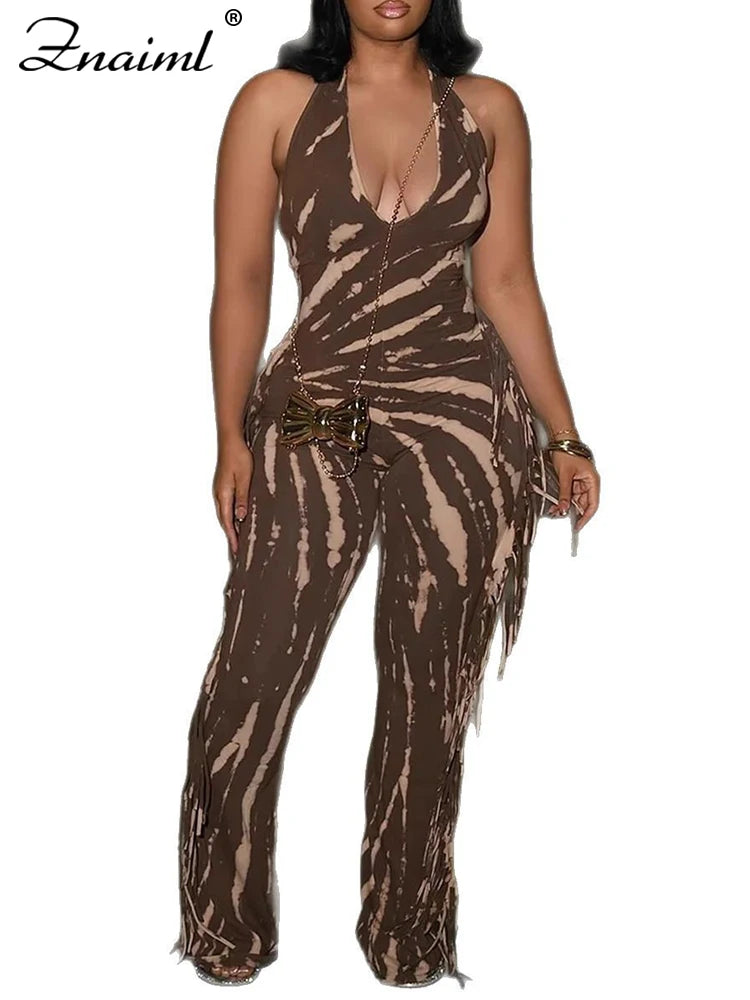 Znaiml Fashion Party Summer Sleevelees Backless Tassels Print Silm Rompers Women Elegant Long Jumpsuits One Pieces Overalls 2025