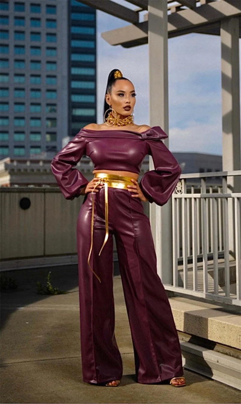 PU Faux Leather Two Piece Set for Women Y2K Clothing Slash Neck Crop Top and Wide Leg Pants Matching Sets Night Club Outfits