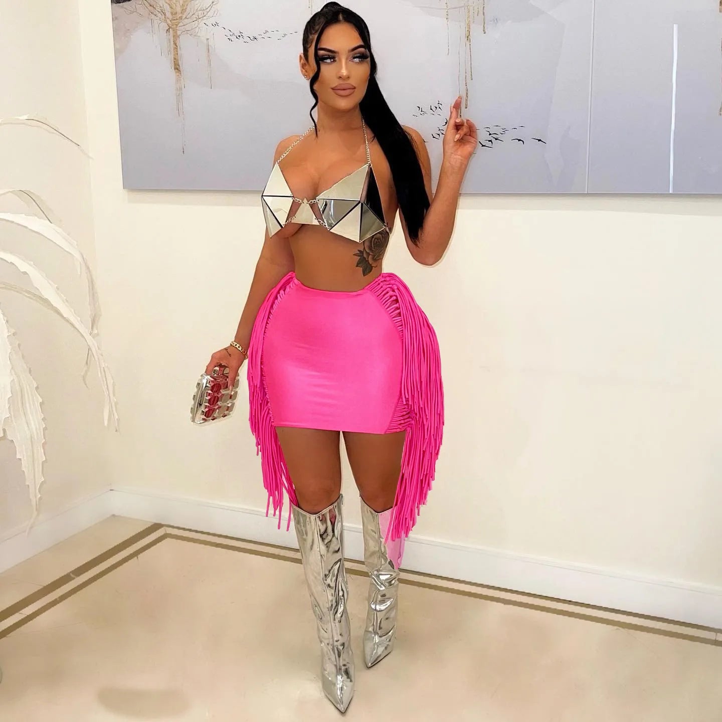 FAGADOER Sexy Tassel Bodycon Mini Skirts Party Club Outfits Women Fashion Chic Streetwear Short Birthday Holidays Skirt Solid
