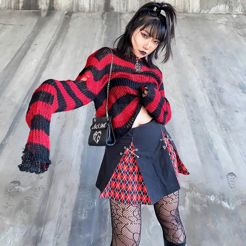 Karrram Punk Gothic Sweater Emo Tops E-girls Mall Goth Pullovers Y2k Harajuku Grunge Clothes Alt Dark Aesthetic Striped Jumpers