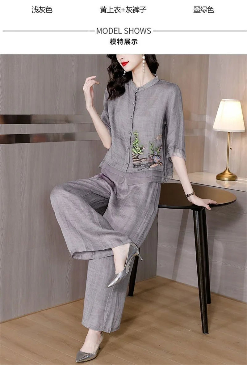 Grey Summer Art Embroidery Chinese Style Set Linen Western Style Summer Wide Leg Pants Casual Fashion Two piece Cotton Set XXXL