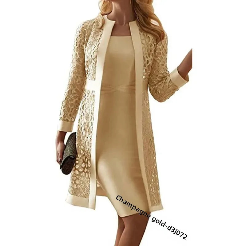 2025 Women's Lace Open Cardigan Dress Two-Piece Outfit Popular Wish Elegant Style Chinese Origin Fashionable Female Clothing