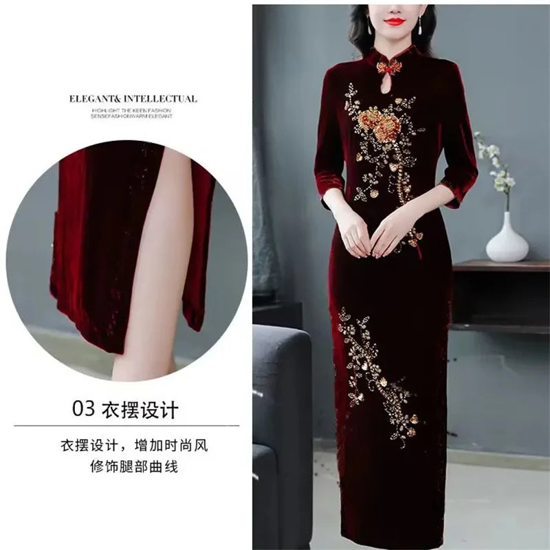 Spring Autumn Women New Embroidered Gold Velvet Cheongsam High-end Temperament Fashionable Wedding Dress Slim Bag Hip Slit Skirt