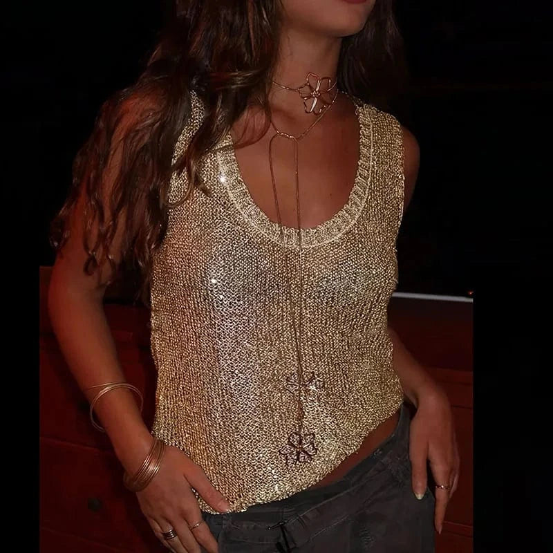 Women Sexy U Neck Sequin Party Shirt 2025 Spring Solid See Through Hollow Top Pullover 2025 Summer Sleeveless Loose Tank T-shirt