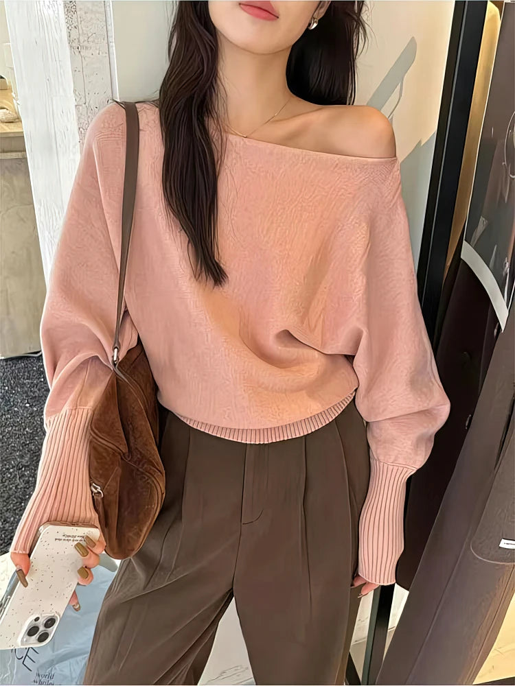 Batwing Long sleeve Knitted Pullover Women Solid color Off shoulder Top Korean Fashion Sweater Loose Casual Autumn Outwear Pull