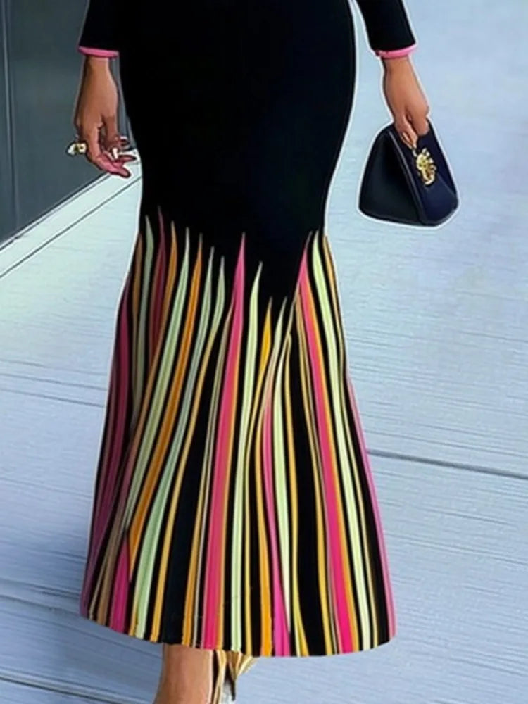 2025 Ladies Bodycon Dress V-neck Long Sleeves Colorful Striped Evening Dresses for Women High Waist Pleated Dress