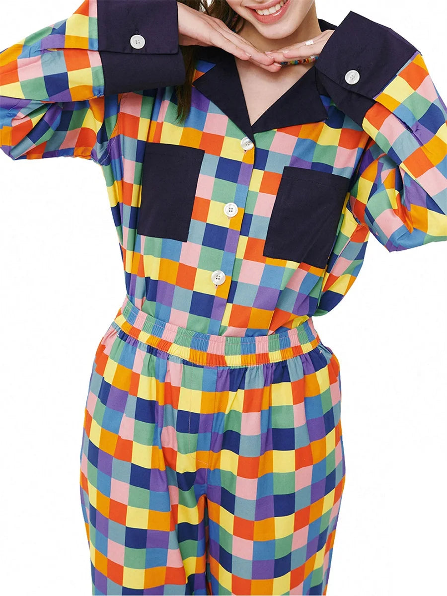 Women 2 Piece Pajamas Set Colorful Plaid Print Long Sleeve Button up Shirt and Elastic Pants for Loungewear Soft Sleepwear Pjs