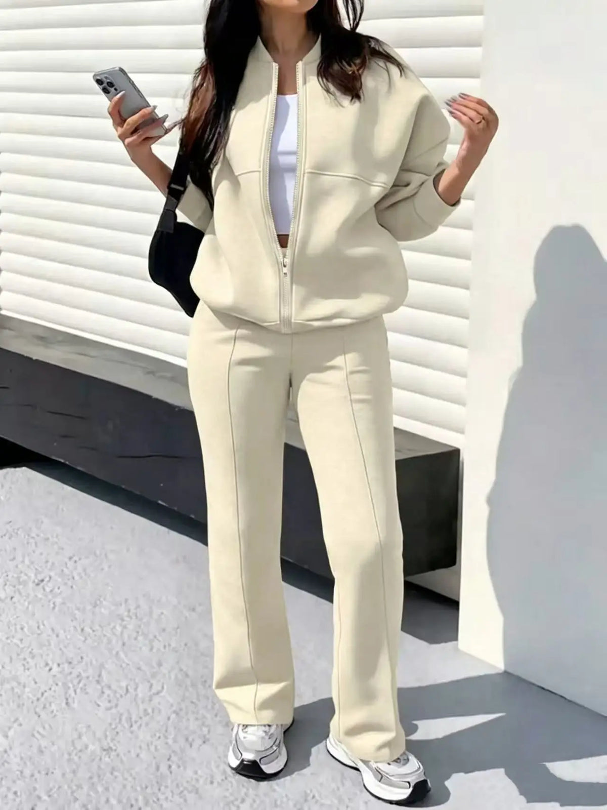 2026 Fall/Winter Fashion New Solid Color Simple Sweatshirt Jacket with Pockets and Straight-Leg Pants Set, Casual and Versatile Two-Piece Outfit