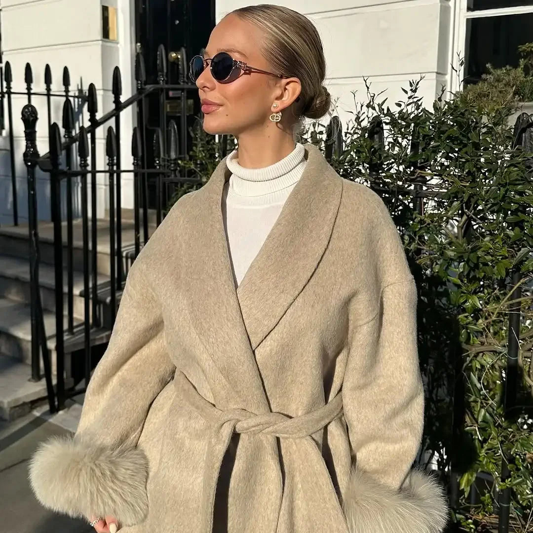Faux Fur Wool Blend Longline Lapel Overcoat for Women