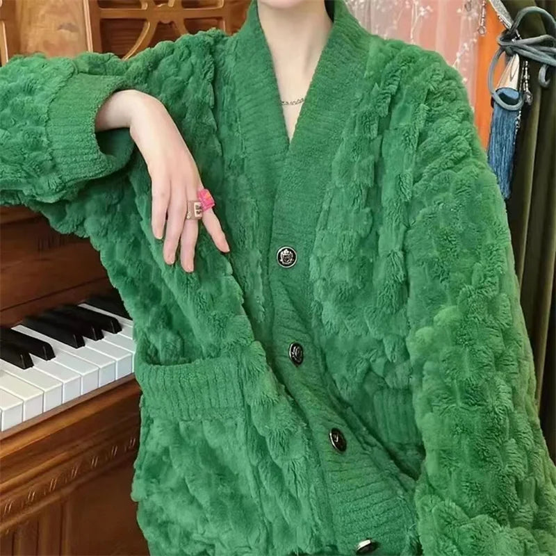5XL Stripes Women's Flannel Cardigan Home Fur Solid Color Loose Coral Velvet Pajama Set Autumn/Winter Pants Two Piece Suit Red