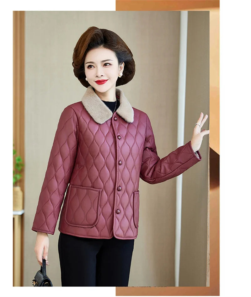 Winter Plush Jacket Winter Mom's Fashion Plus Size Loose Thick Fur Collar Coat For Mid-Aged Women With Velvet Warm Quilted Coat