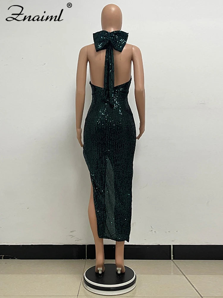 Znaiml Elegant Luxury Sequin Halter Big Bow Backless Long Dresses Women Sleeveless High Split Birthday Evening Wedding Vestidos