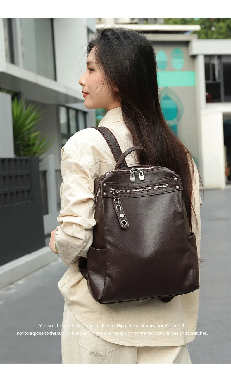 Women's Natural Cow Leather Backpacks Lady Cowhide Design Large Capacity Bags Female Retro Fashion Versatile Backpacks Ladies