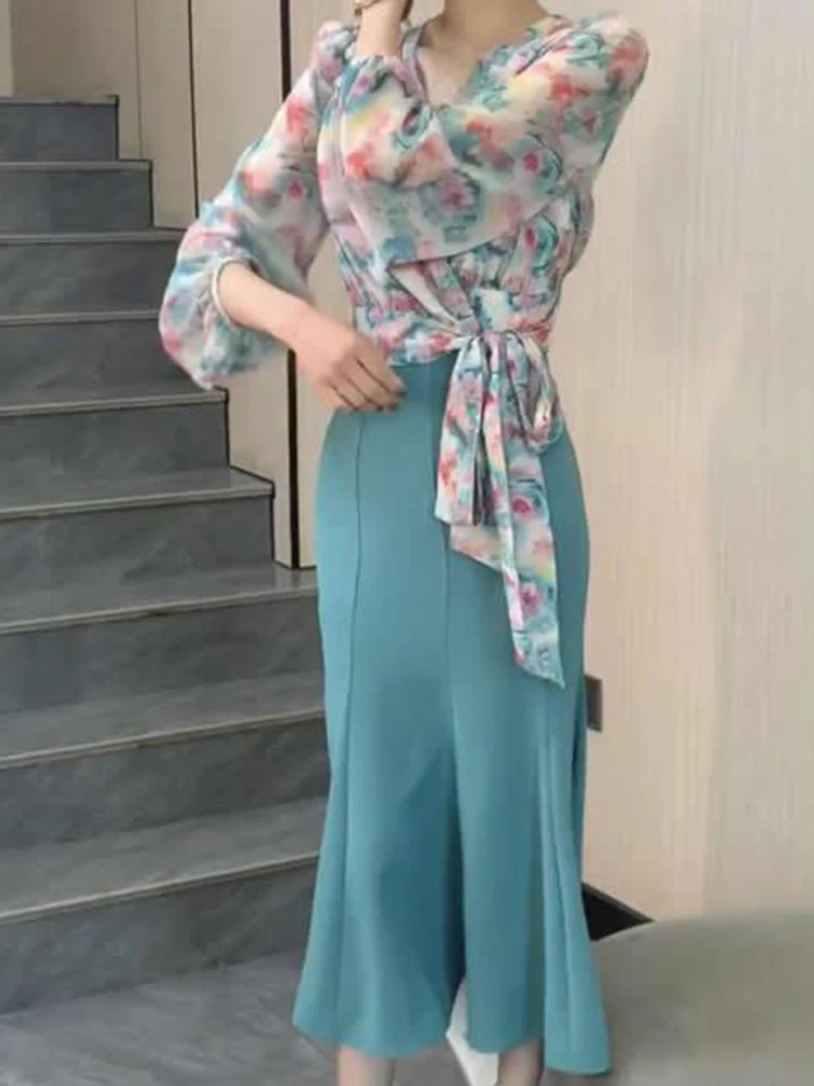 Two-piece dress women's summer 2024 new temperament casual fashion print sexy design cross tie floral shirt+fishtail skirt