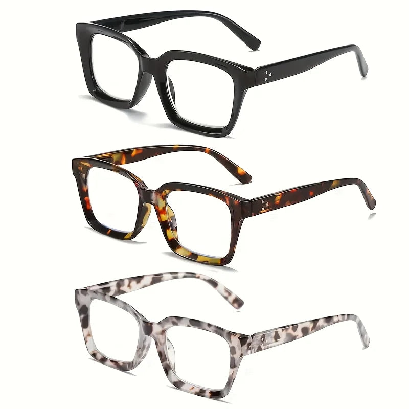 Women's Fashion Square Reading Glasses with Spring Hinges - Tortoiseshell, Solid Brown & Leopard Print Frames
