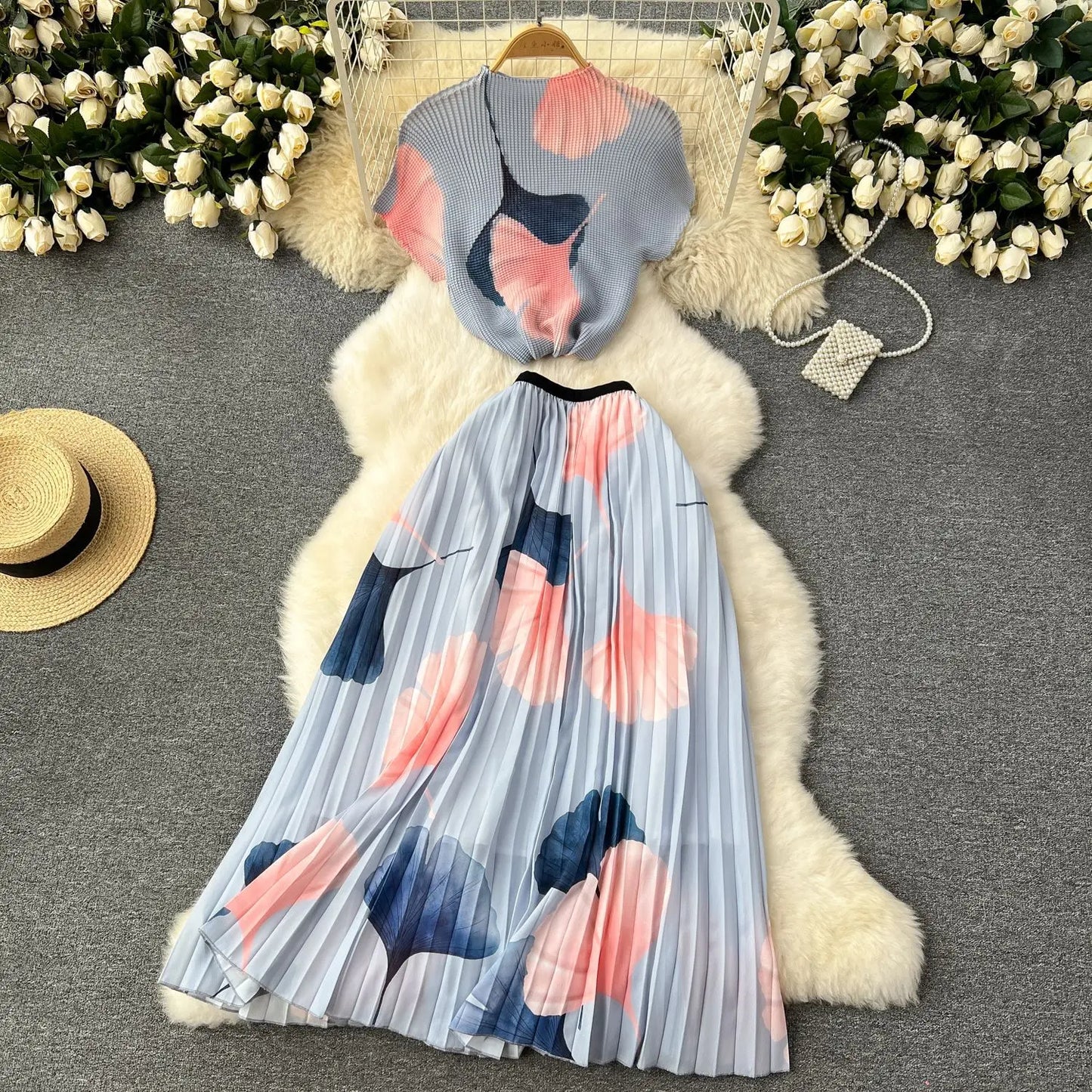 Summer Contrast Color Miyake 2 Pieces Set Women's Short Sleeve High Stretch Pullover Shirt Top+Long Pleated Chiffon Skirt Suit